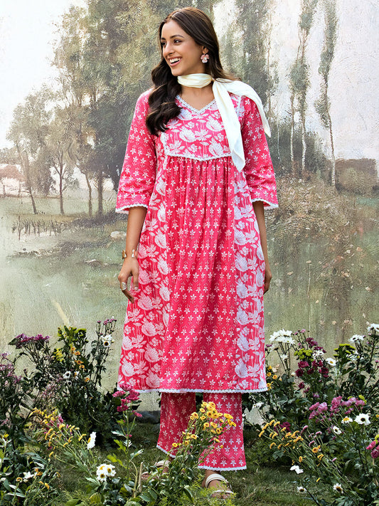 Floral Printed Pleated Lace Work Kurta with Palazzos