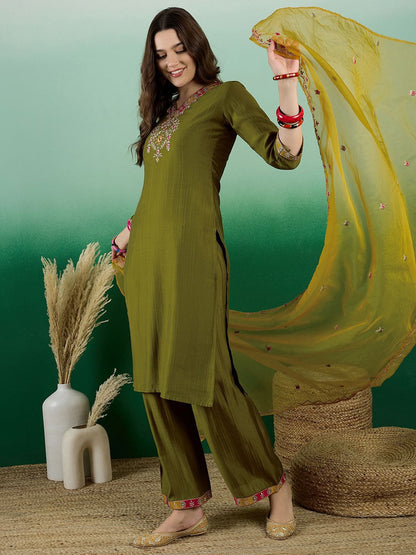 Dhiyona SN Embroidered Zari Sequence Straight Kurta Palazzo & Dupatta Set