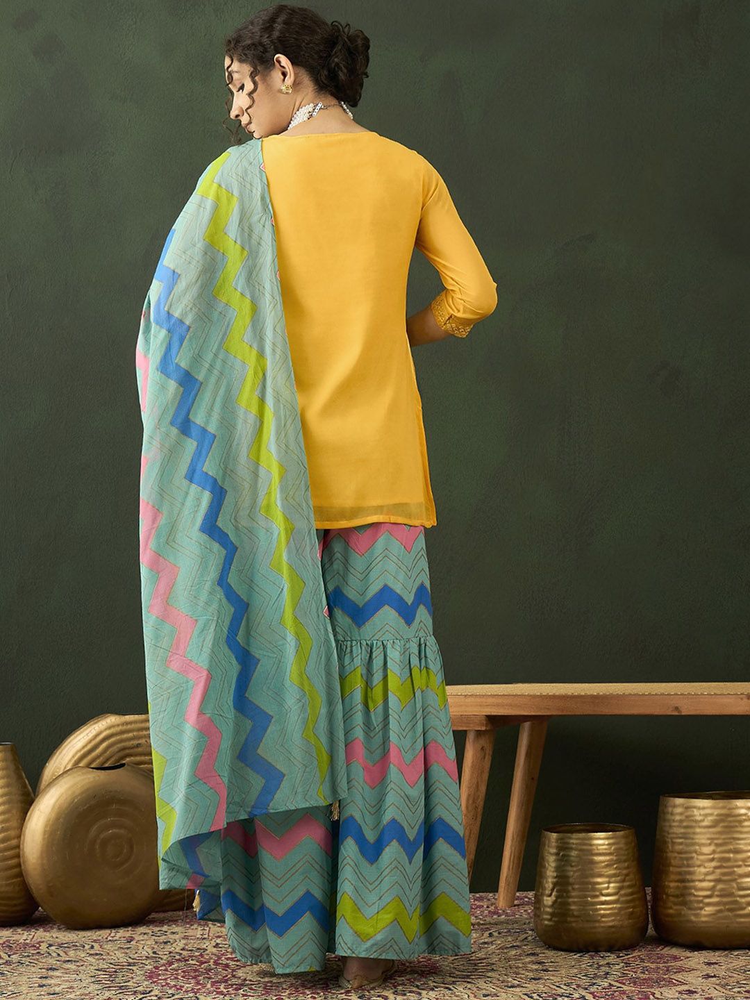 Dhiyona SN Printed Mirror Work Straight Kurta With Sharara & Dupatta
