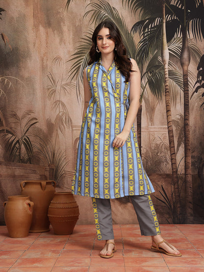 Striped Angrakha Kurta with Trousers