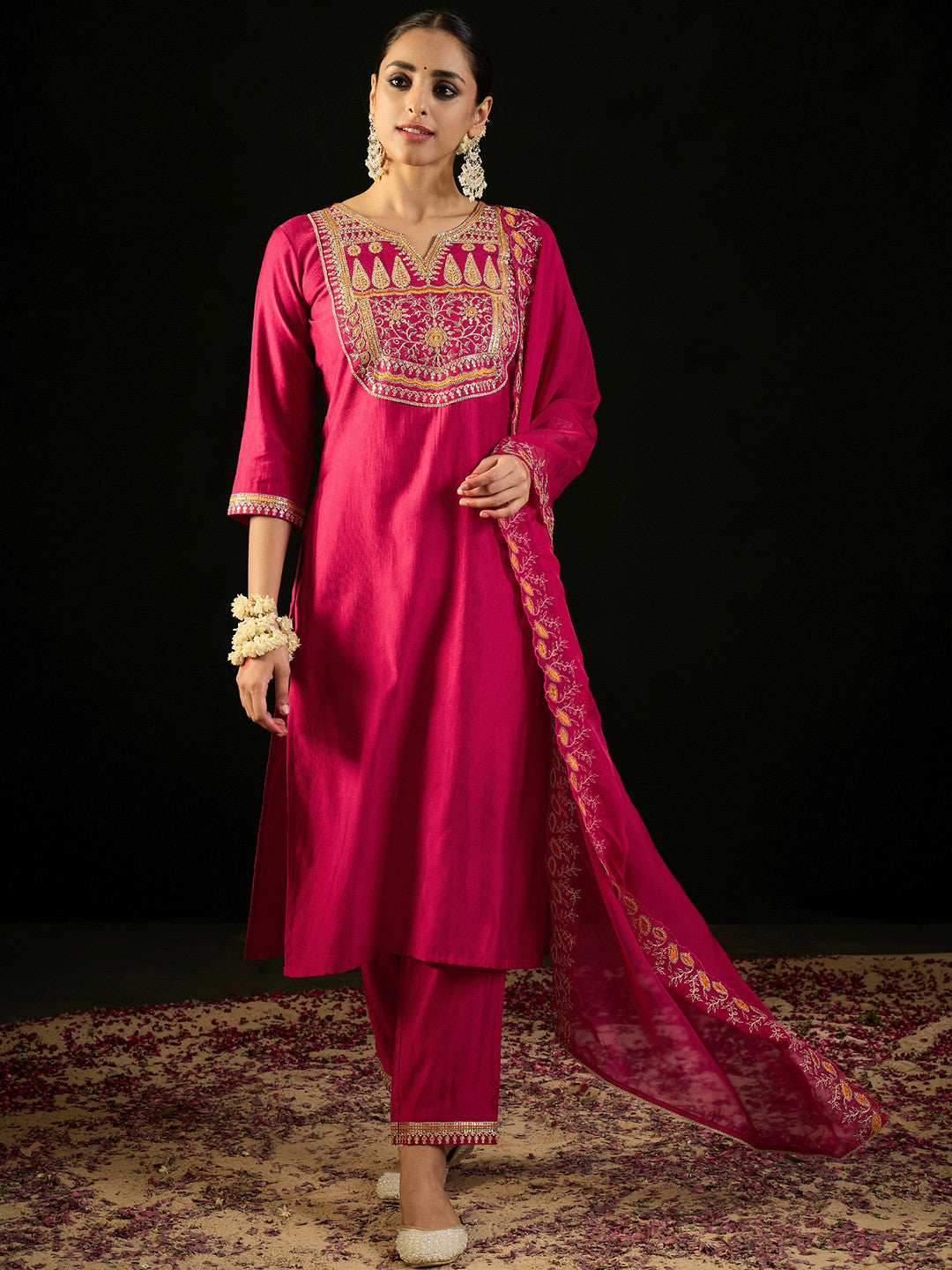 Notched Neck Ethnic Embroidered Sequinned Liva Kurta with Trouser & Dupatta