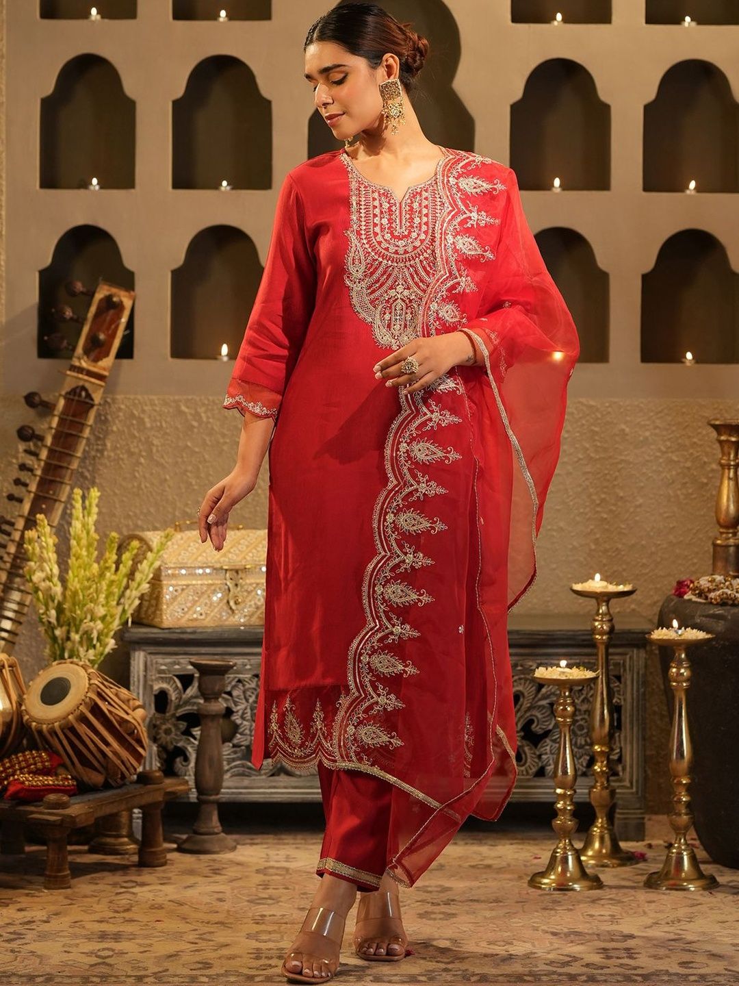 Dhiyona IE Women Ethnic Motifs Embroidered Regular Kurta with Trousers & With Dupatta