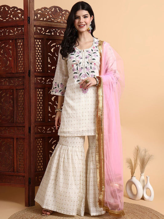 Dhiyona HOP Polka Dots Woven Design Embroided Chanderi Silk Zradosi Kalidar Kurta Set