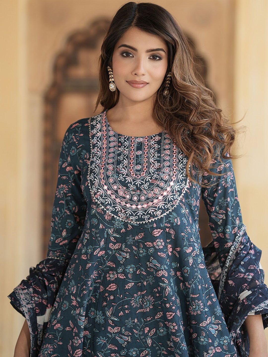 Dhiyona KL Floral Embroidered Thread Work Pure Cotton Anarkali Kurta With Trousers & Dupatta