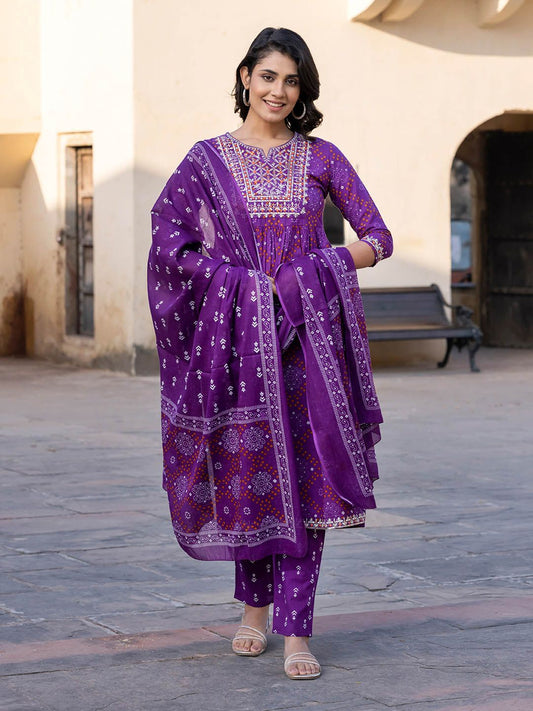 Dhiyona KL Women Bandhani Embroidered Regular Pure Cotton Kurta with Trousers & With Dupatta
