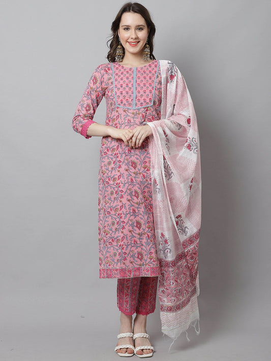 Dhiyona KL Floral Printed Round Neck Pure Cotton Straight Kurta With Trousers & Dupatta