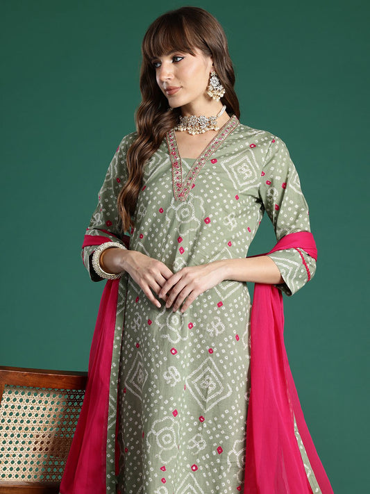 Bandhani Printed Thread Work Pure Cotton Kurta with Trousers & With Dupatta