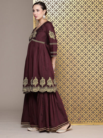Dhiyona PD Women Ethnic Motifs Embroidered Jashn Kurta with Sharara & With Dupatta