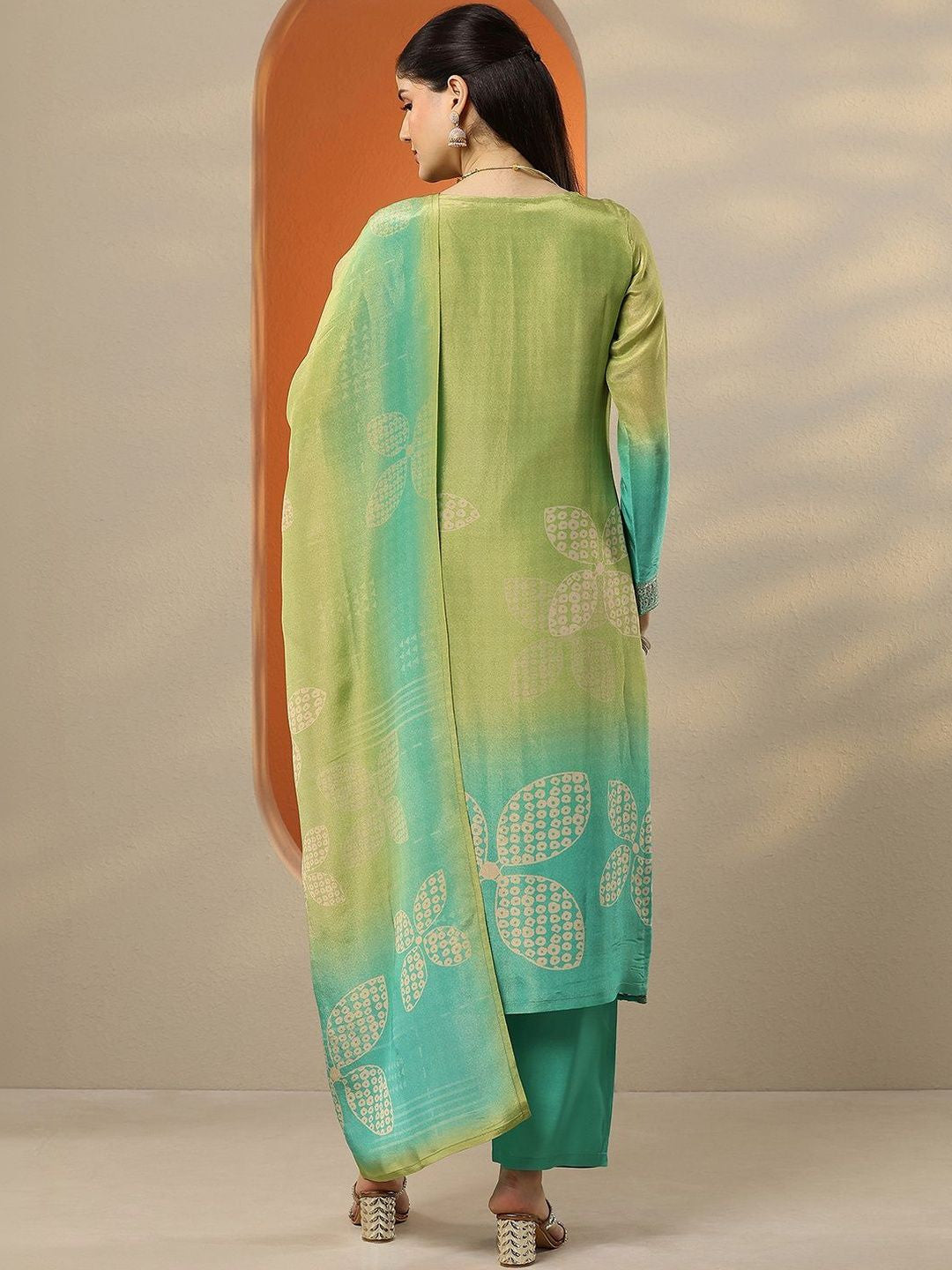 Women Ombre Dyed Regular Mirror Work Silk Crepe Kurta with Trousers & With Dupatta