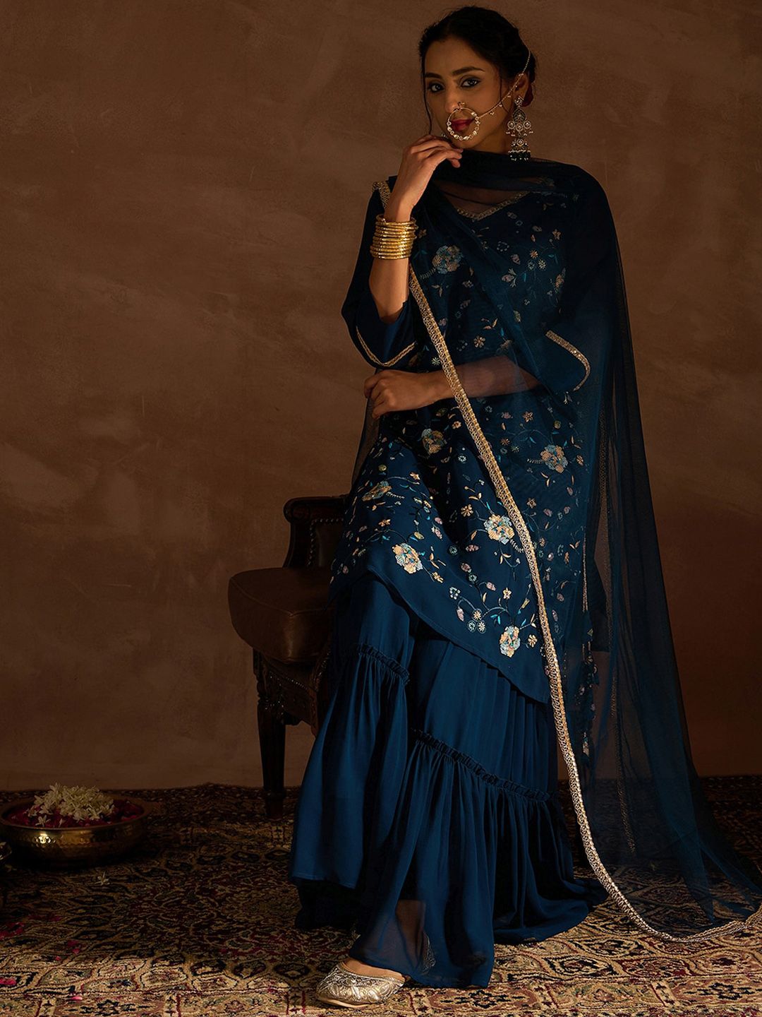 Dhiyona IE Floral Embroidered Regular Sequinned Straight Kurta with Sharara & Dupatta