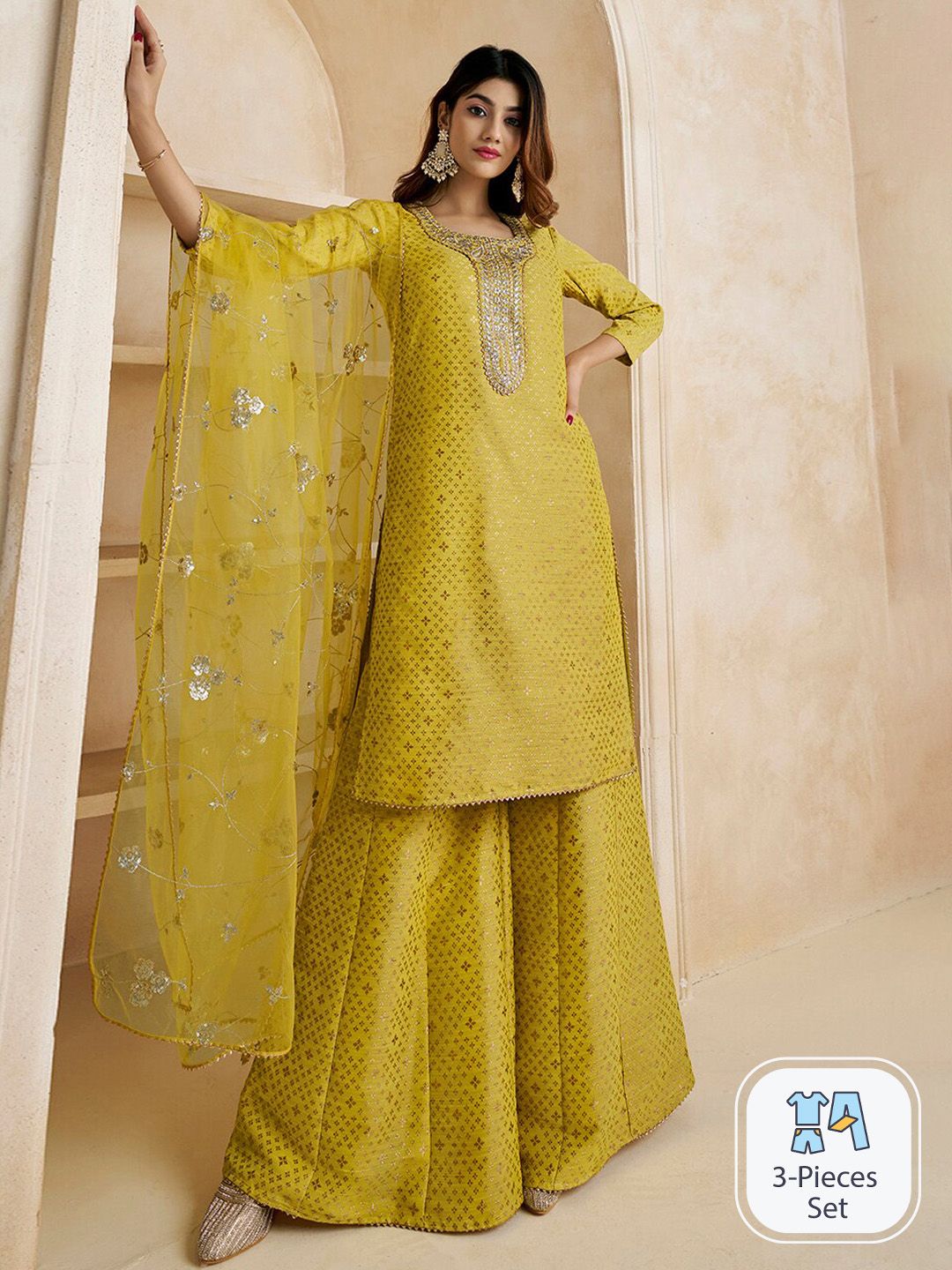 Dhiyona IN Mustard Gotta Patti Straight Kurta & Sharara With Dupatta