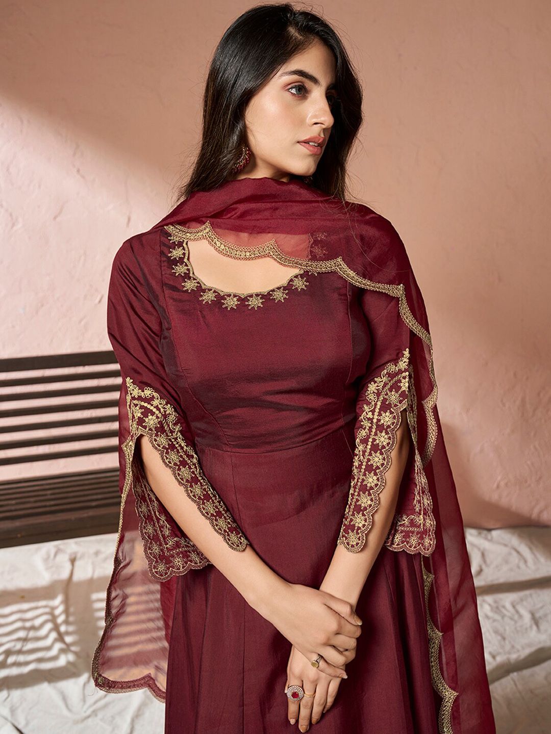 Dhiyona IN Ethnic Motifs Embroidered Pure Silk Kurta with Palazzos & Dupatta