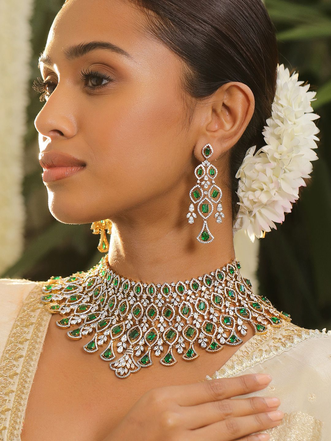 Dhiyona RJ Women's 24K Gold Plated Emerald & Cubic Zirconia Studded Jewelry Set