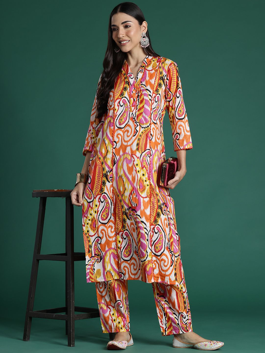 Dhiyona IE Women Paisley Printed Panelled Pure Cotton Kurta with Trousers