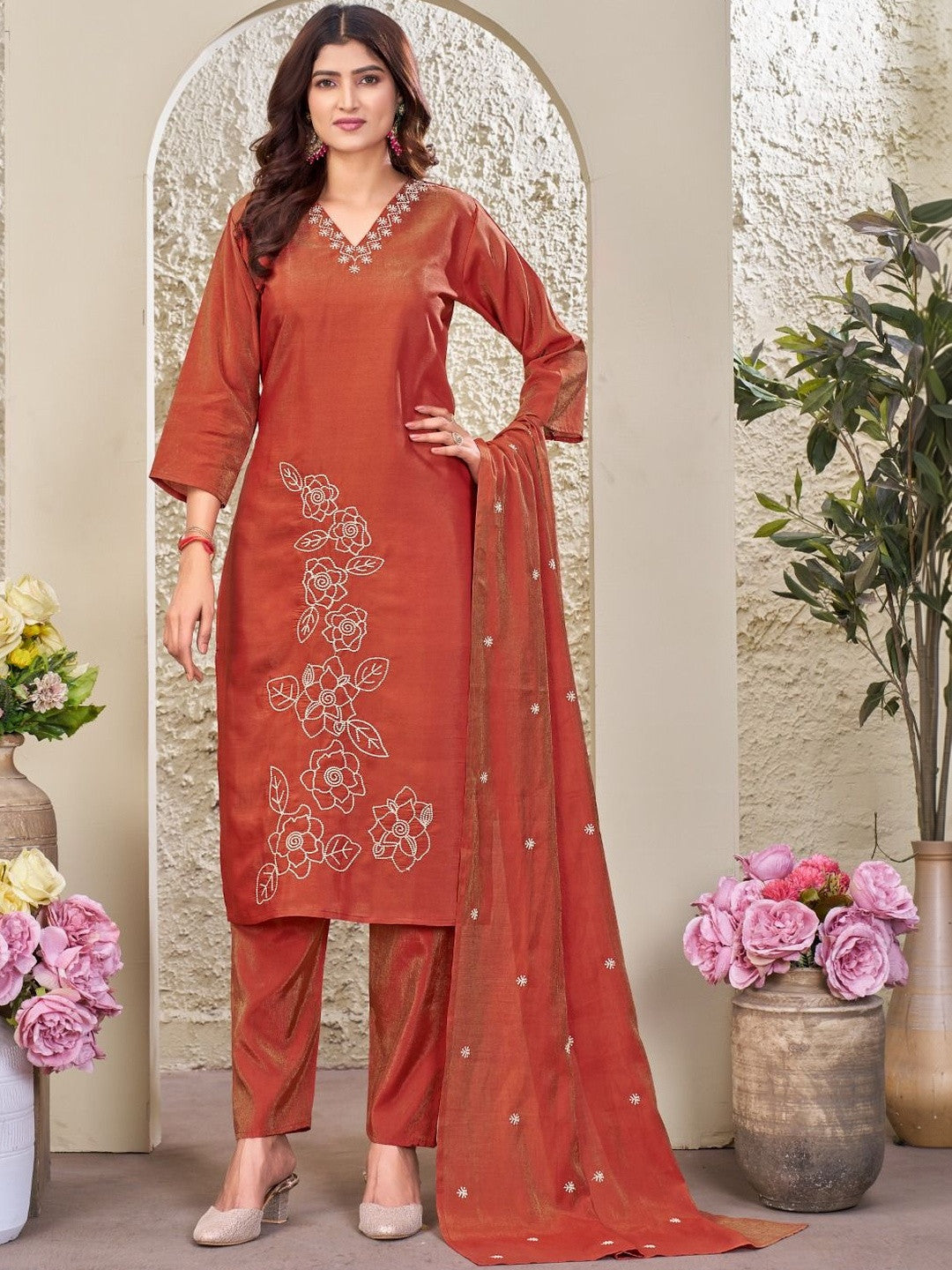 Embroidered V-Neck Kurti & Trousers With Dupatta