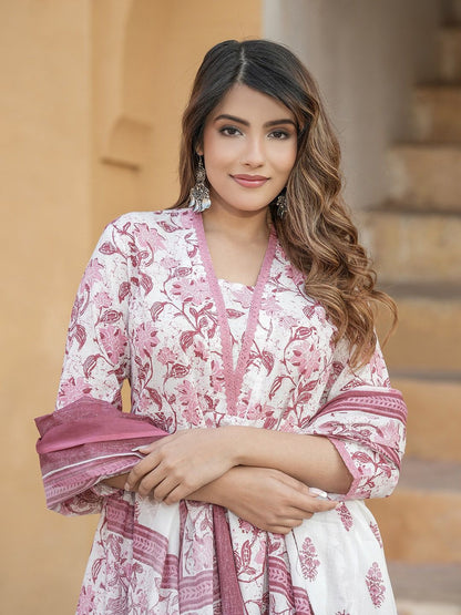Dhiyona KL Floral Printed Regular Thread Work Pure Cotton Kurta with Trousers & Dupatta