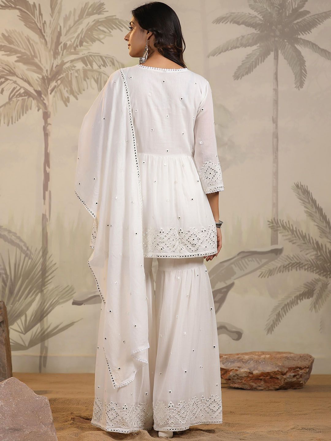 Dhiyona SC Embroidered Mulmul Cotton A-Line Angrakha Kurta With Sharara & Dupatta