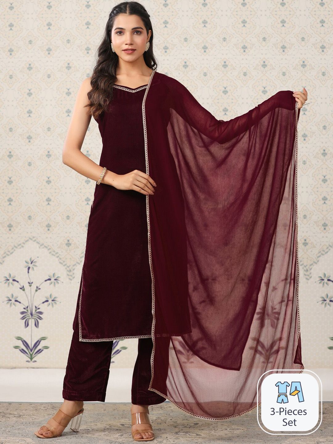 Dhiyona OD  Velvet Straight Kurta & Trousers With Dupatta