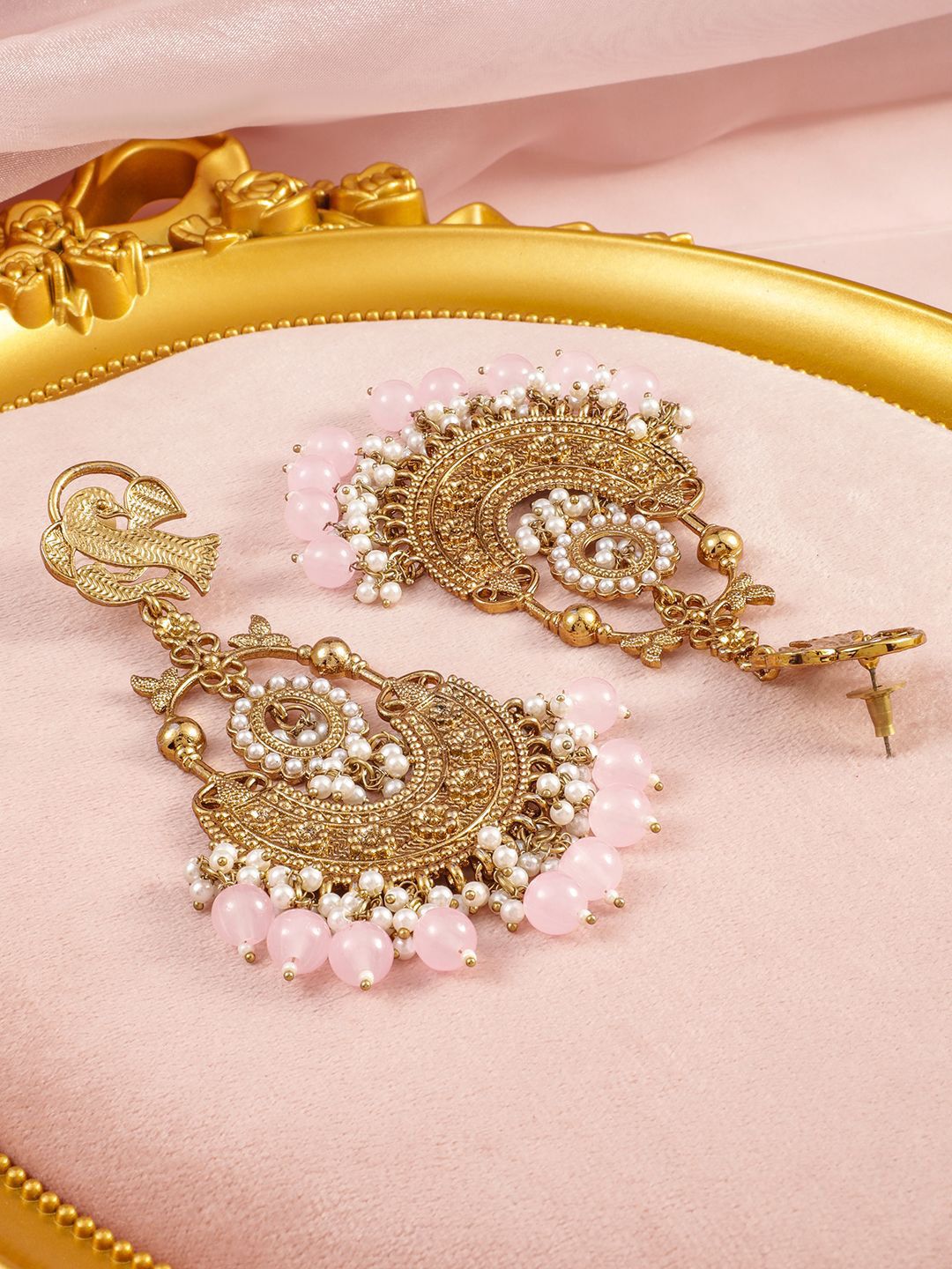 Dhiyona RJ Women's 18K Gold-Plated Large Chandbali Earrings with Pink Beads and Pearl Accents