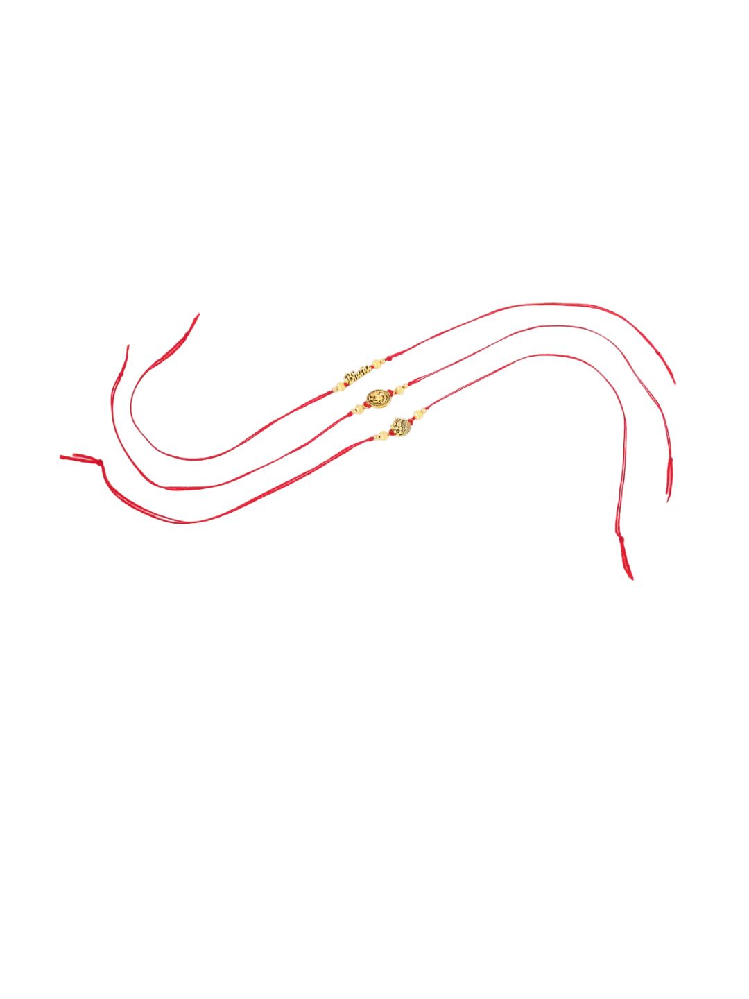 Dhiyona Men Set Of 3 Gold Toned Thread Rakhi With Roli Chawal Chandan Mishri