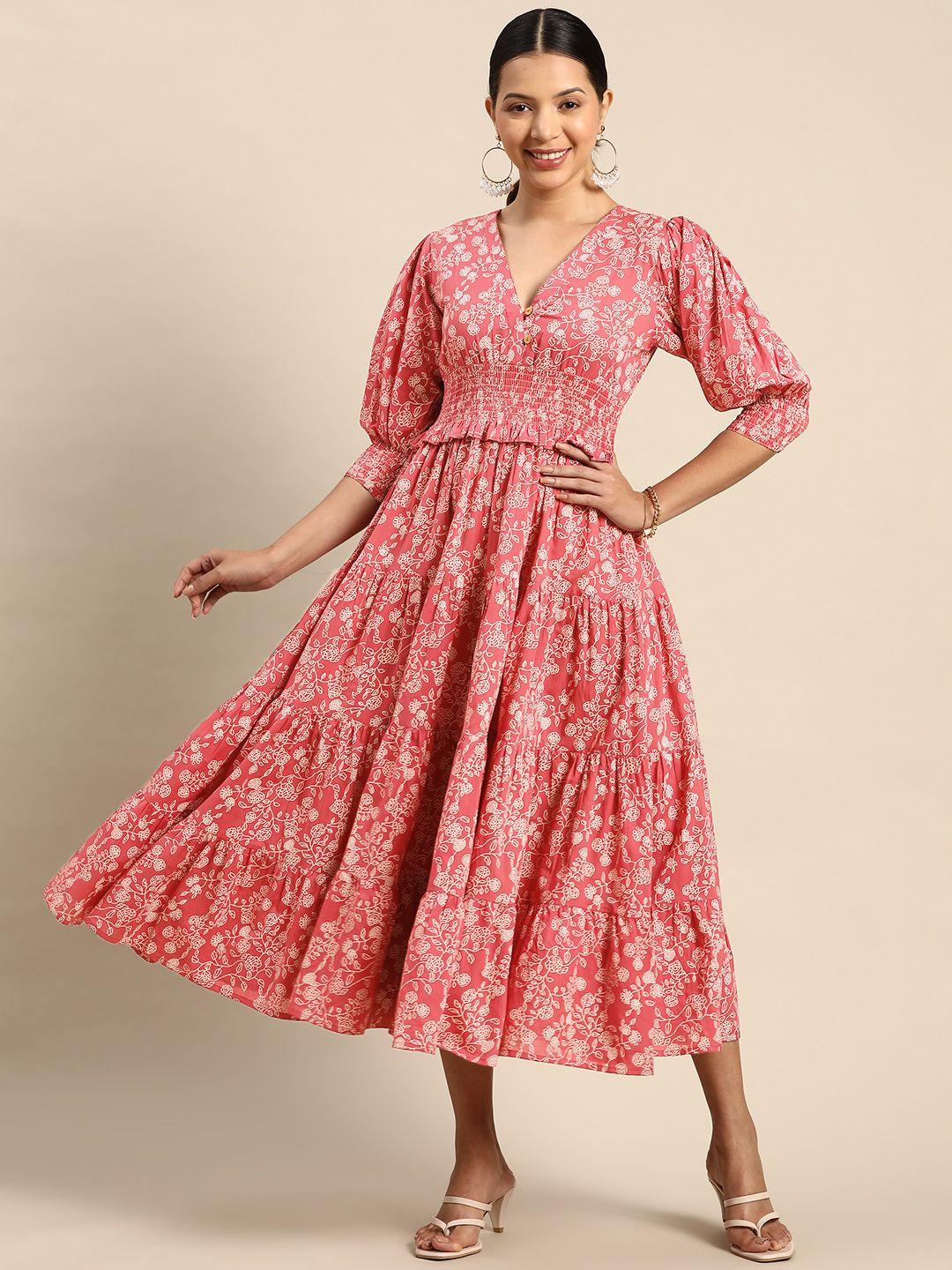 Dhiyona AY Women's Floral Printed Smocked Fit & Flare Maxi Dress