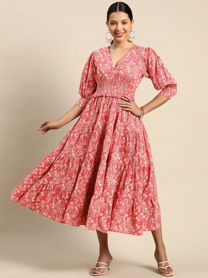 Dhiyona AY Women's Floral Printed Smocked Fit & Flare Maxi Dress