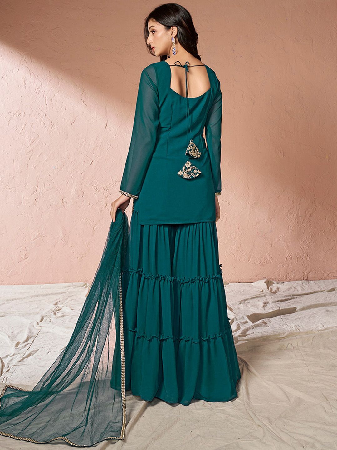 Dhiyona IN Teal Floral Embroidered Sequinned Georgette Kurta With Sharara & Dupatta