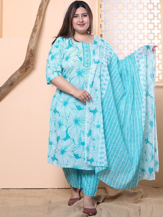 Dhiyona KL Plus Size Floral Printed Pure Cotton Kurta with Trousers & Dupatta