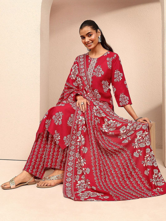 Women Floral Printed Regular Thread Work Kurta with Trousers & With Dupatta