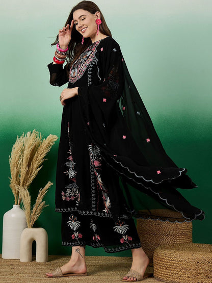 Dhiyona KL Floral Embroidered V-Neck Cuffed Sleeves Thread Work Kurta ,Palazzos & Dupatta