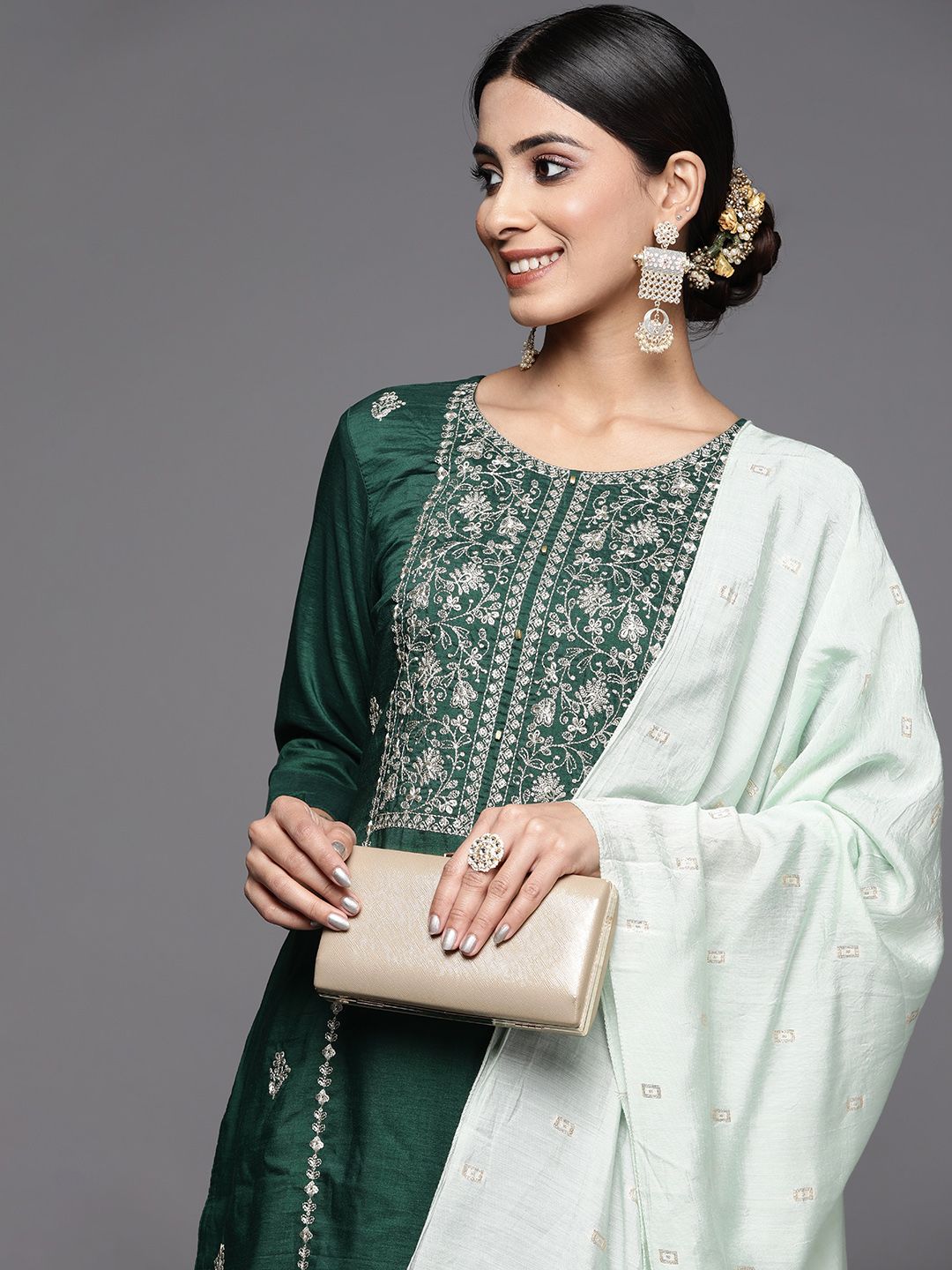 Dhiyona VA Women's Green Embroidered Gotta Patti Pure Cotton Kurta with Trousers & Dupatta