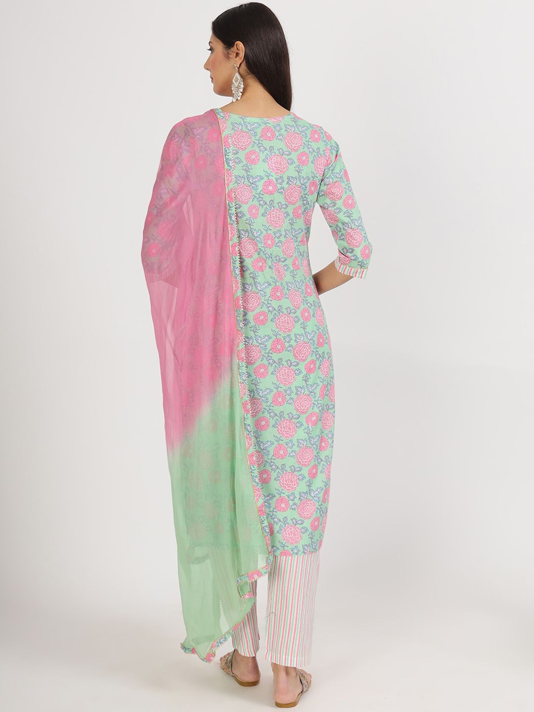 Dhiyona KL Floral Printed Thread Work Pure Cotton Kurta & Trousers With Dupatta