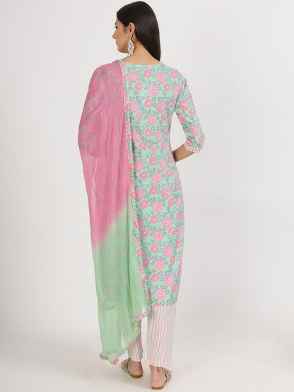 Dhiyona KL Floral Printed Thread Work Pure Cotton Kurta & Trousers With Dupatta