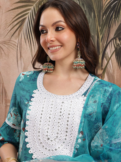 Floral Printed Yoke Design Kurti With Patiala & Dupatta