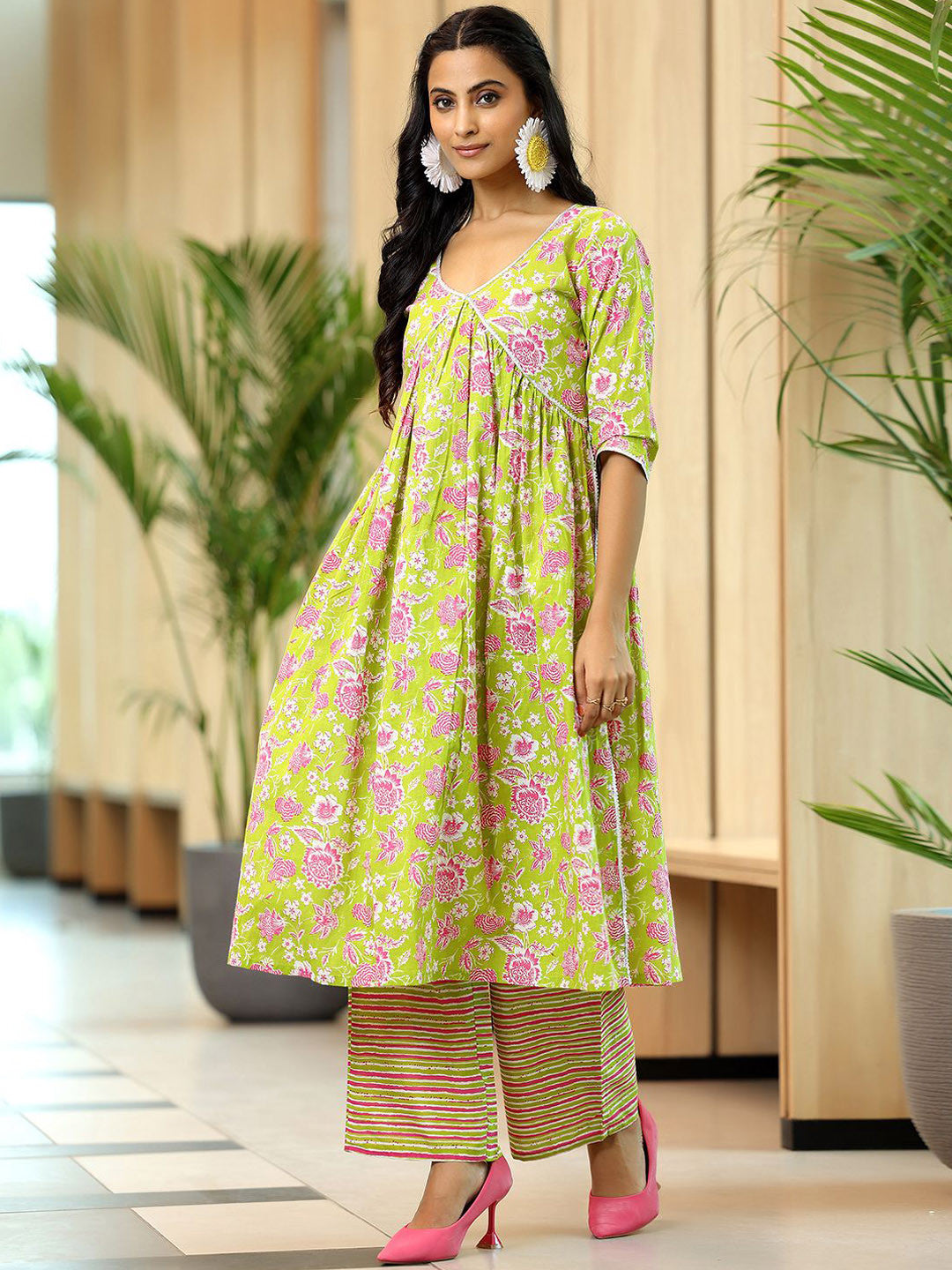 Floral Printed A-Line Empire Gotta Patti Pure Cotton Kurta with Palazzos & Dupatta
