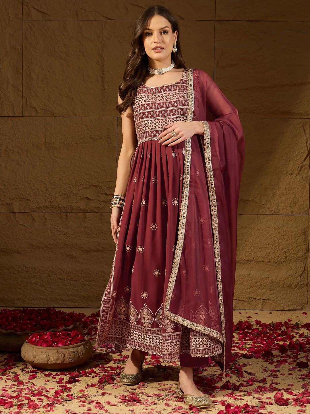 Dhiyona PD Women Floral Embroidered A-Line Kurta With Trouser And Dupatta