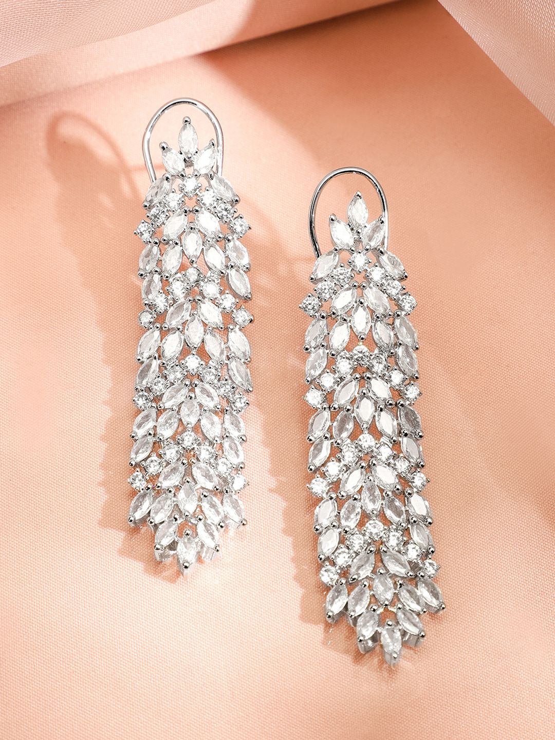 Dhiyona RJ Women's Silver-Plated AAA Cubic Zirconia Studded Premium Long Drop Earrings