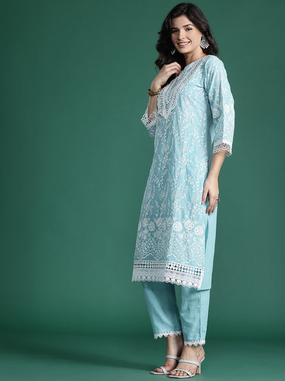 Floral Embroidered Thread Work Pure Cotton Kurta with Trousers & With Dupatta