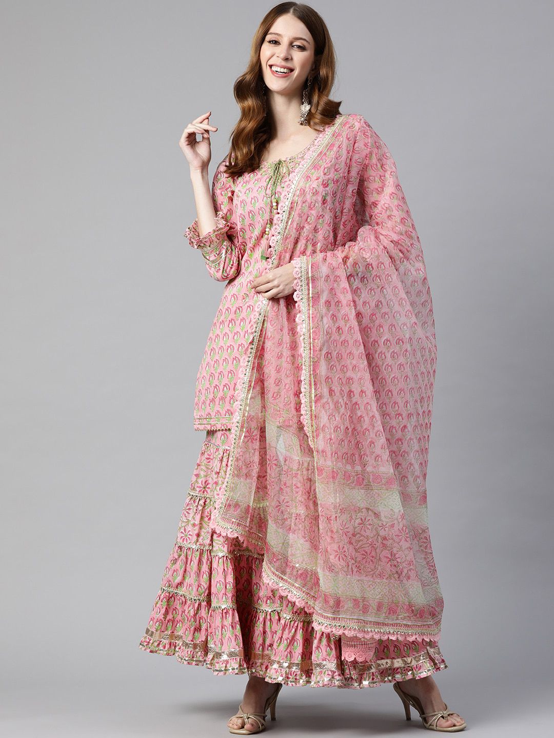 Dhiyona KL Ethnic Motifs Printed Gotta Patti Pure Cotton Straight Kurta & Sharara With Dupatta
