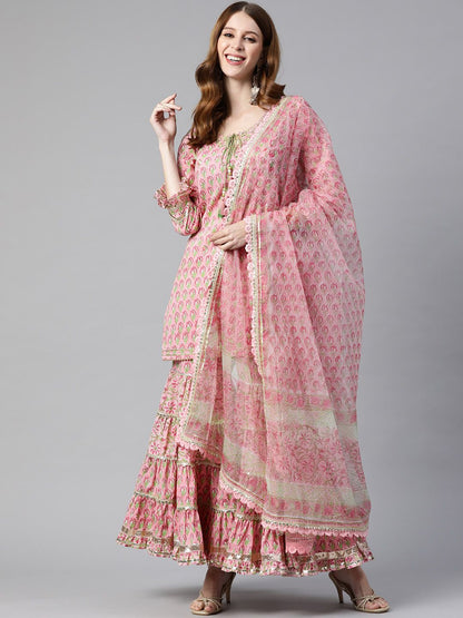 Dhiyona KL Ethnic Motifs Printed Gotta Patti Pure Cotton Straight Kurta & Sharara With Dupatta