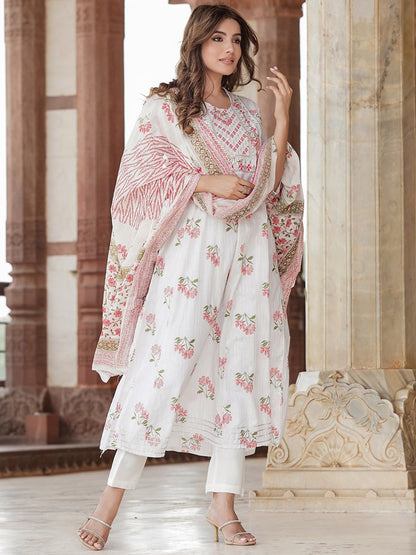 Dhiyona KL Ethnic Motifs Printed Empire Thread Work Pure Cotton Kurta & Trousers With Dupatta