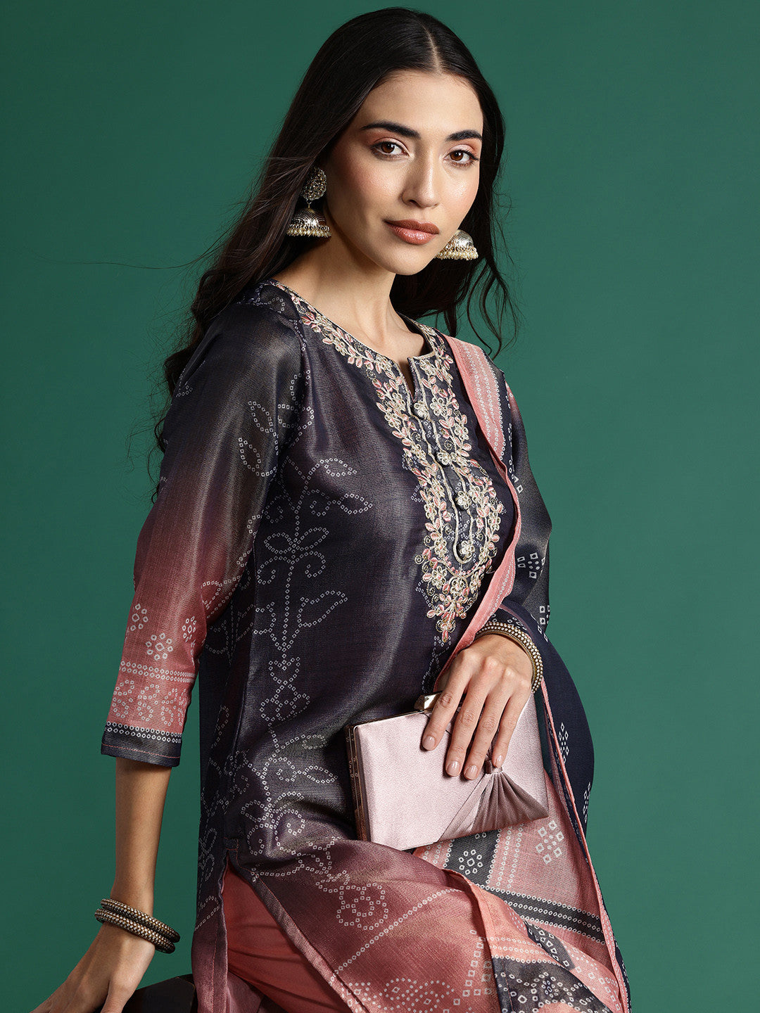 Bandhani Printed Thread Work Kurta with Trousers & With Dupatta