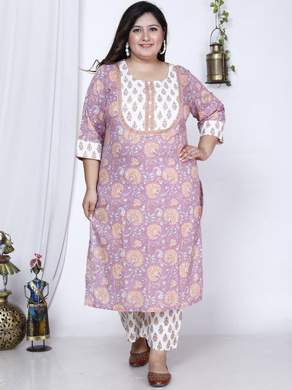 Dhiyona KL Plus Size Floral Printed Pure Cotton Kurta with Trousers & Dupatta