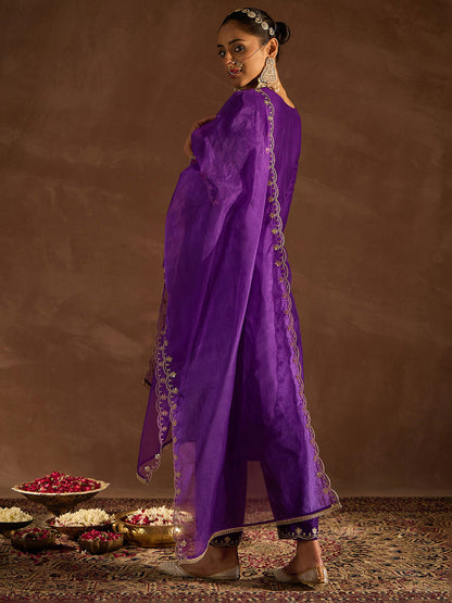 Purple Ethnic Motifs Zari Embroidered Kurta with Trousers & With Dupatta