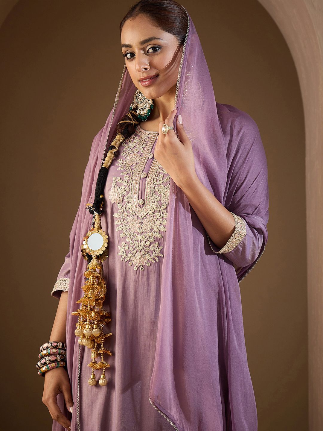Dhiyona IE Ethnic Motifs Embroidered Regular Straight Kurta with Trousers & Dupatta