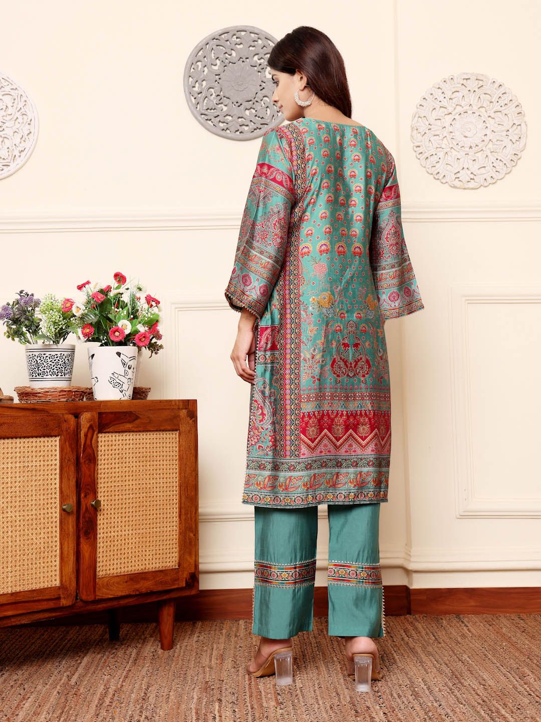 Turquoise Blue Ethnic Motifs Printed Chanderi Silk Tunic With Trousers