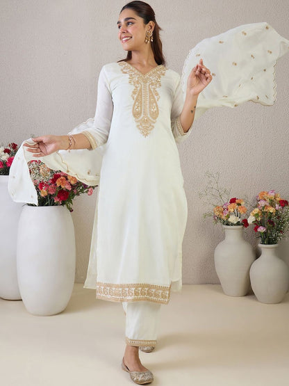 Dhiyona MT Women's Paisley Embroidered Regular Kurta with Trousers & With Dupatta