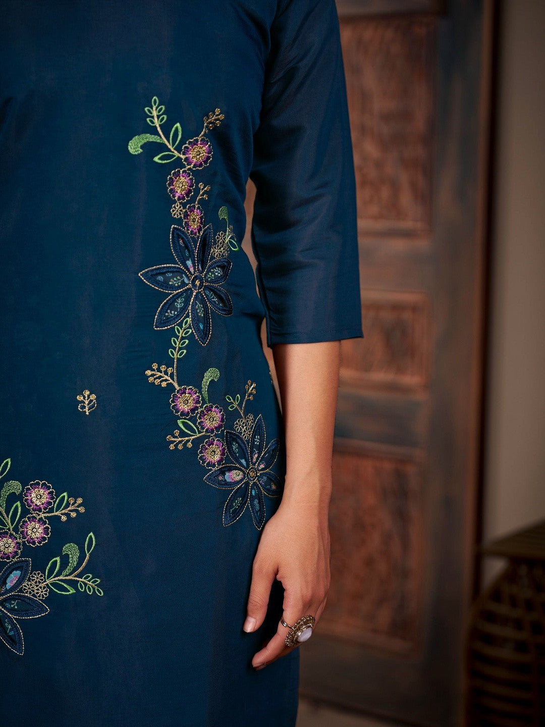 Quirky Embroidered Silk Blend V-Neck Kurti & Trousers With Dupatta