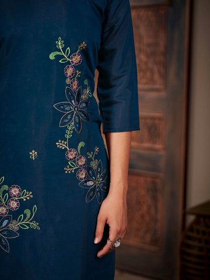 Quirky Embroidered Silk Blend V-Neck Kurti & Trousers With Dupatta