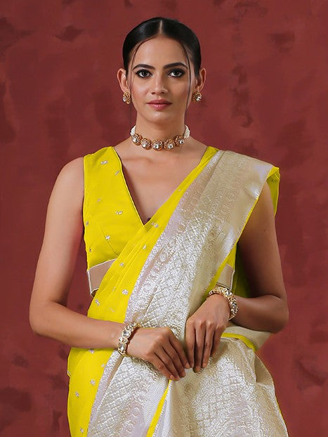 Dhiyona ST Blouse - Canary Sleeveless Organza with Embroidery and Silver edge Waist